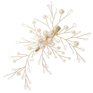 Handmade bridal hair clip with gold wire, white pearls and crystal branch design