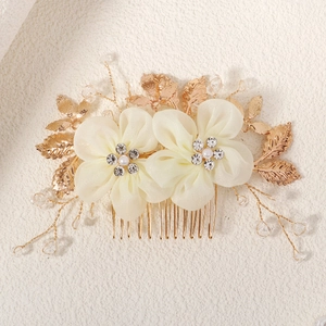 Elegant Bridal Hair Comb Handmade Fabric Flower Gold Leaf Crystal Artificial Pearl Wedding Headpiece For Women Party Vintage Accessories