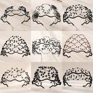 Collection of vintage black beaded tiaras and headbands with handmade floral crystal designs