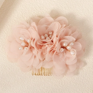 Romantic Pink Mesh Flower Bridal Hair Comb With Faux Artificial Pearl Elegant 3D Floral Headpiece For Wedding Party Women Jewelry
