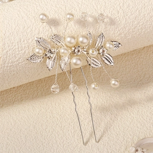 Pic à Cheveux de Mariée Künstliche Perle Fait Main Alliage d'Argent Feuille Strass Fourche en U pour Mariage Fête Femme Accessoires