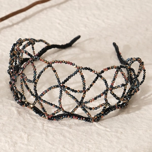 Handmade vintage black crown headband with crystal beads for bridal wedding accessory