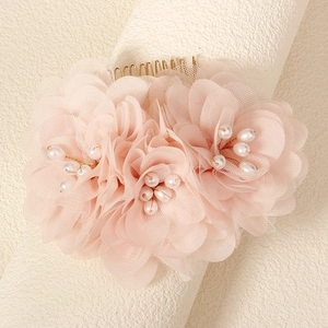 Elegant pink mesh flower hair comb with white pearls for bridal wedding hairstyles