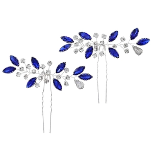 Silver bridal hair pins with blue marquise crystals and rhinestones in flower design