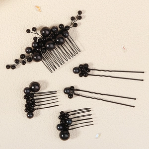 Detailed set of 5 black bridal hair combs and pins with pearls for gothic wedding style