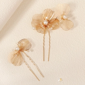 Forcine per capelli sposa dorate con petali fatti a mano, perle e dettagli in cristallo
