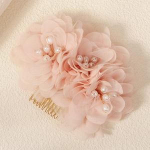 Pink mesh veil bridal hair comb with handmade flowers and pearls on a gold base