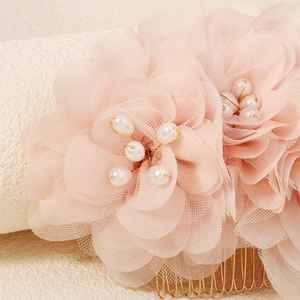 Pink mesh fabric flower hair comb with delicate pearls and gold wire for bridal hair