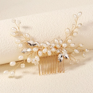 Exquisite bridal hair comb with pearls and marquise rhinestones in gold wire handcraft