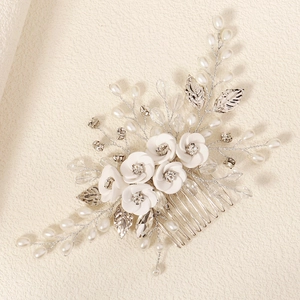 Handmade White Polymer Clay Flower Bridal Hair Comb With Rhinestones Artificial Pearls Silver Leaf Wedding Hair Piece For Women
