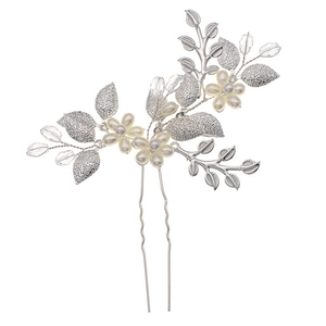 Épingle à cheveux de mariée avec fleurs en perles blanches et feuilles de cristal argent