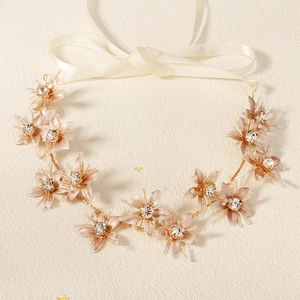 Bandeau Fleur Mariage Fait Main Métal Or Champagne Strass Perle Artificielle Bandeau Avec Ruban Satin Accessoires Cheveux Mariage