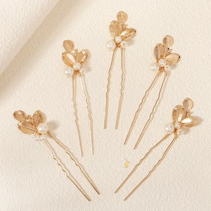 5-piece set of elegant golden leaf bridal hair pins with pearls for wedding hairstyles