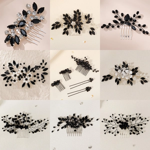 Handmade Vintage Black Rhinestone Imitation Artificial Pearl Bridal Hair Comb And Hair Pin Elegant Leaf Wedding Halloween Headpiece