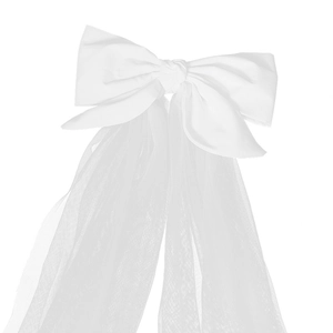 Elegant white satin bow bridal veil with long flowing tulle for wedding hair accessories