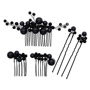 5-piece set of handmade black pearl bridal hair combs and pins for Halloween events