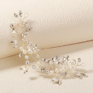 Elegant bridal hair vine with crystals and white pearls on flexible silver wire