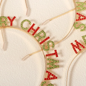 Golden Merry Christmas metal headband with festive red and green rhinestones