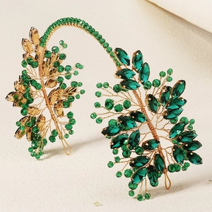 Elegant emerald green crystal bridal headband with gold woven frame for weddings