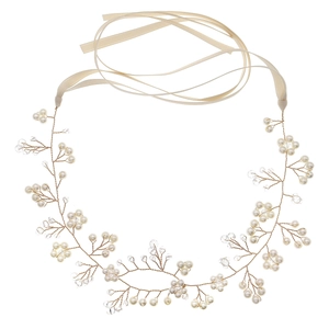 Vigne de cheveux de mariée exquise avec perles et cristaux sur fil doré et rubans