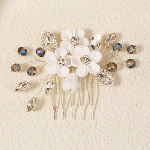 Elegant bridal hair comb with white flowers, crystals and silver wire weaving