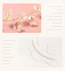 Detail of handmade bridal headband with white floral petals and crystal beads on gold wire
