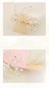 Détail macro d'un peigne à cheveux de mariée fait main avec strass de luxe et fil doré