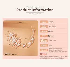 Spécifications de taille du bandeau de mariée argenté 24x6,5cm avec perles et cristaux