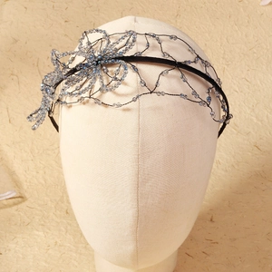 Detail of floral mesh headband with light blue and clear crystal beads on black band
