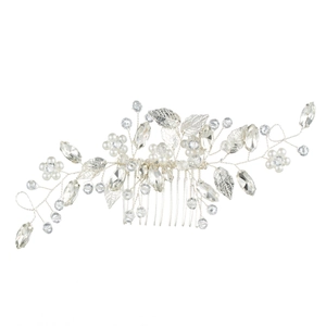Peigne à cheveux de mariée fait main avec perles blanches et cristaux au design floral