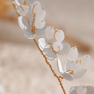 French bridal headband with white enamel flowers and crystals on golden twisted wire