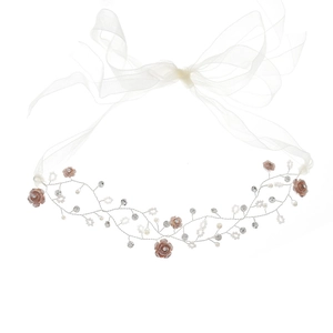Handmade flower vine hairband with pink flowers, pearls, and ribbons for girls' weddings