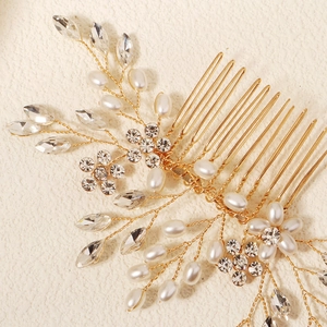 Peigne à cheveux de mariée fait main avec fil doré, perles blanches et strass pour mariages