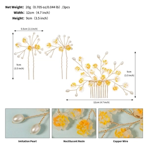 Détail d'accessoires cheveux mariée avec fleurs en résine et perles avec dimensions