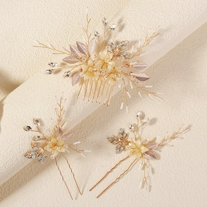Parure d'Accessoires de Cheveux Floraux de Mariée Faits Main Or Alliage Strass Perle Artificielle Peigne et Épingles Femme