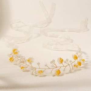 Handmade bridal headband with yellow flowers, white pearls and organza ribbons