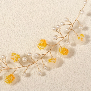 Exquisite bridal yellow flower headband with handmade pearls and gold wire for weddings