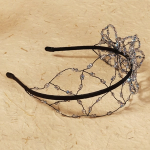 Elegant black beaded headband with handmade crystal floral design for wedding and party