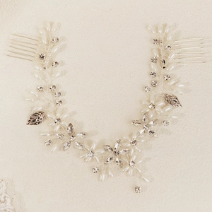Elegant bridal hair vine with white pearls, crystals and silver leaf details with side combs