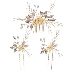 Set de 3 accessoires cheveux de mariée avec perles cristal et épingles dorées