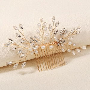 Peigne à Cheveux de Mariée Fait à la Main avec Künstliche Perles et Strass Or Argent Fleur Feuille Accessoires pour Mariage Fête Femme