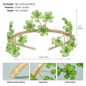 Detail view of crystal floral tiara with gold wire petals and green beads specifications