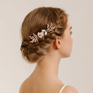 Handmade Alloy Flower Leaf Bridal Hair Comb With Imitation Artificial Pearl Elegant Gold Wedding Party Banquet Hair Accessory Women