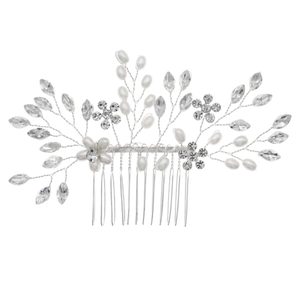 Peigne à cheveux de mariée fait main avec perles blanches et strass brillants en argent