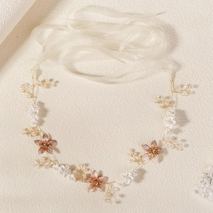 Bandeau de Mariée à Fleurs Fait Main Avec Fil d'Or Cristal Strass Künstliche Perle Fleur en Tissu Blanc Ruban Coiffe de Mariage pour Femmes