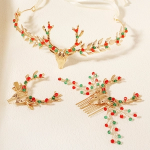 Christmas Reindeer Antler Hair Accessories Set Gold Alloy Copper Wire Acrylic Crystal Hair Clip Comb Headband For Women