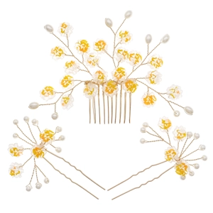 Ensemble d'accessoires de cheveux de mariée avec fleurs jaunes et perles sur fond blanc