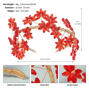 Detail view of red crystal floral bridal headband with dimensions and 46g weight info
