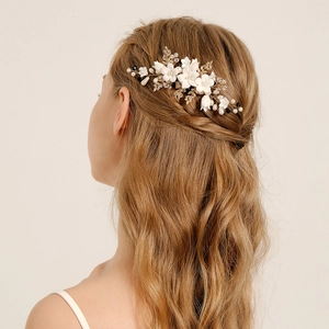 Peigne à Cheveux de Mariée Fait à la Main Avec Fleurs en Céramique Feuille d'Or Cristal Künstliche Perle Accessoire pour Mariage Femme