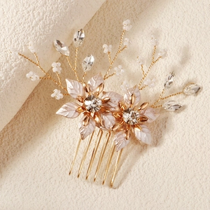 Handmade Gold Metal Flower Bridal Hair Comb Alloy Rhinestone Artificial Pearl Insert Comb For Wedding Party Prom Women Elegant Jewelry